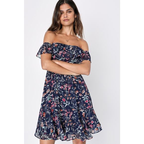 Lulus My Favorite Navy Blue Floral Print Off-the-Shoulder Dress - Large - Picture 3 of 5